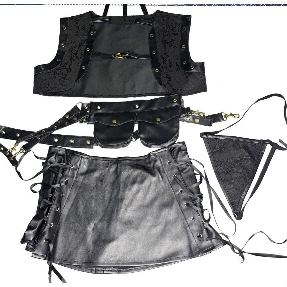 Black Faux Leather Lace Festival Costume Set Corset Skirt Utility Belt Size M